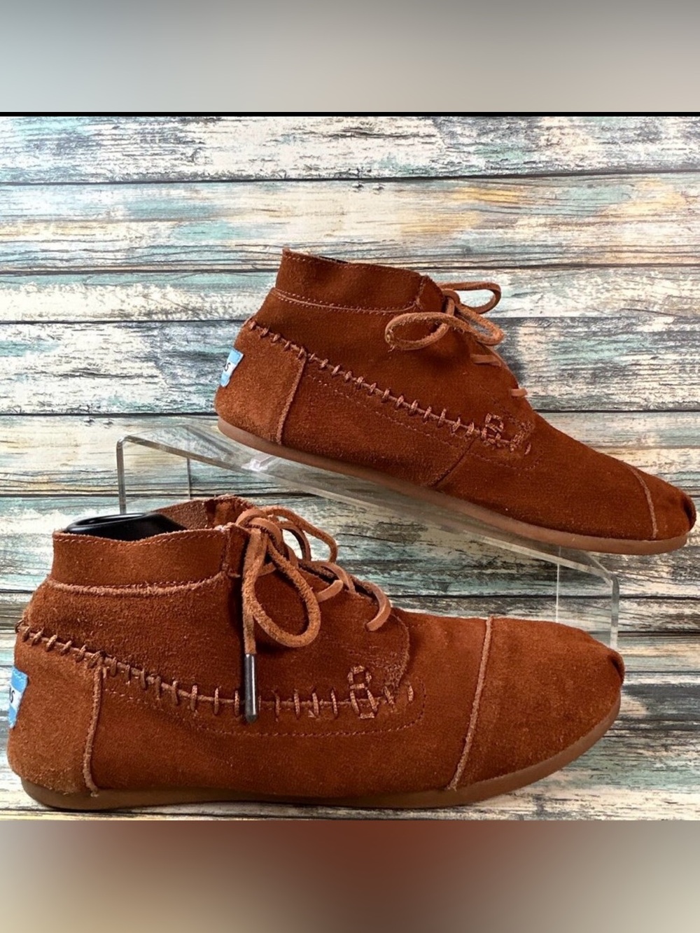 Toms Moccasin Bootie Womens Size 6.5 Brown Suede Lace Up Festival Boho Hippie